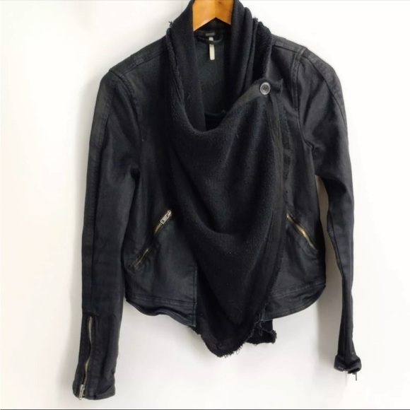 Free People Drape Front Coated Motorcycle Biker Jacket Black Women’s size 4 - Picture 1 of 16